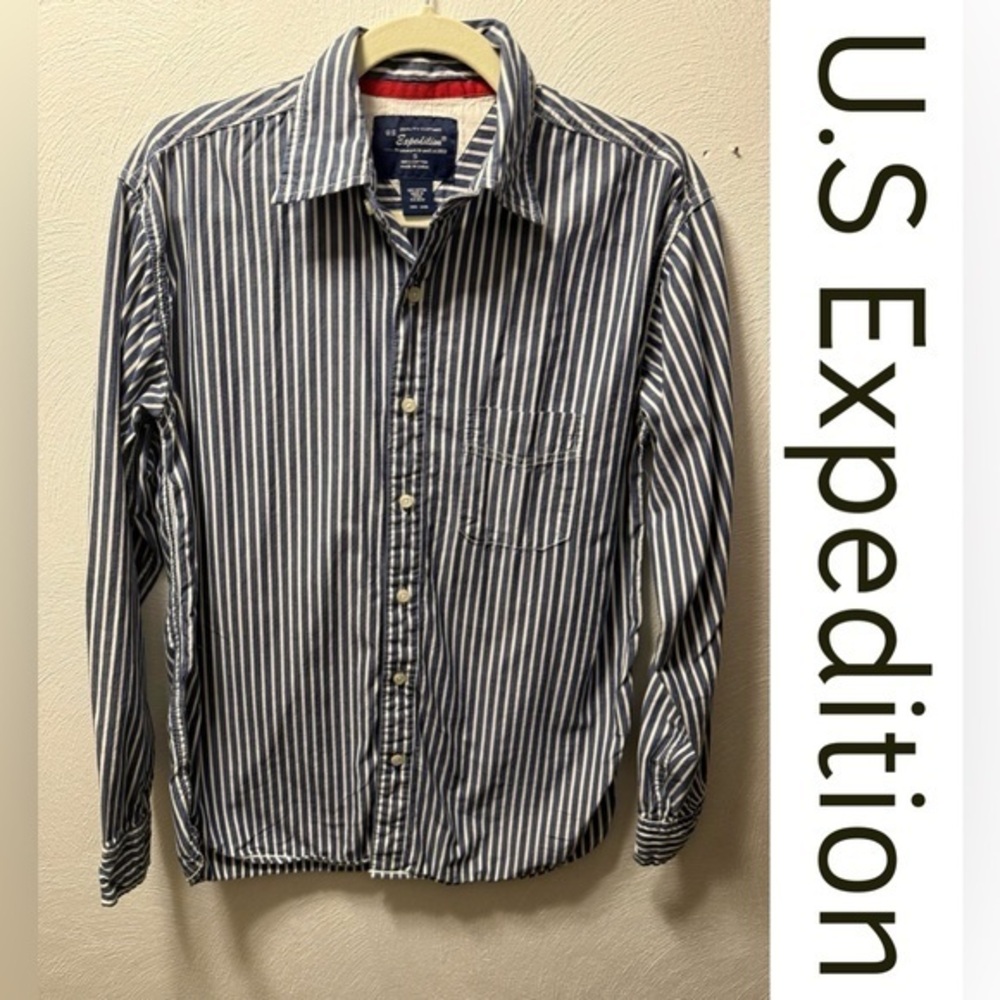 U.S. Expedition Blue White Stripe Button Down 100% Cotton Preppy S *Unisex - Picture 2 of 6